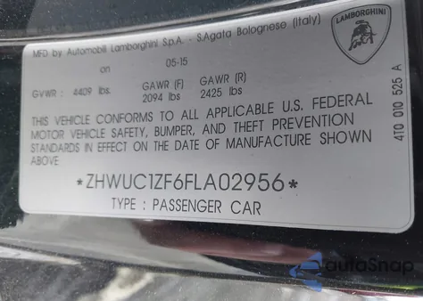 2015 Lamborghini Huracan Lp610-4 z USA, uszkodzony, nr VIN ZHWUC1ZF6FLA02956